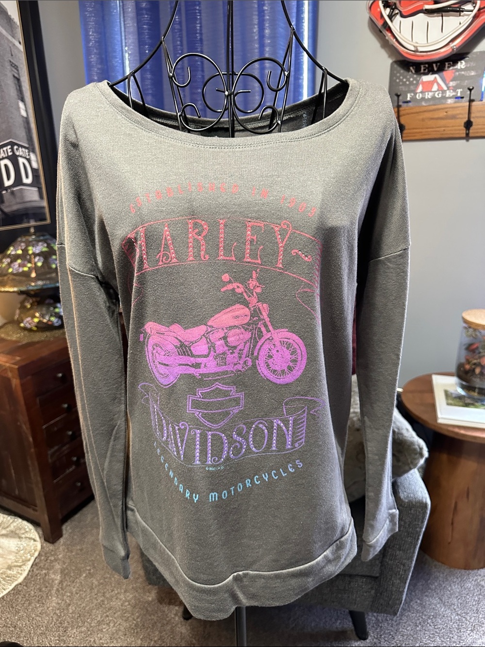 Harley-Davidson Gray Sweatshirt with Pink & Purple Motorcycle Graphic